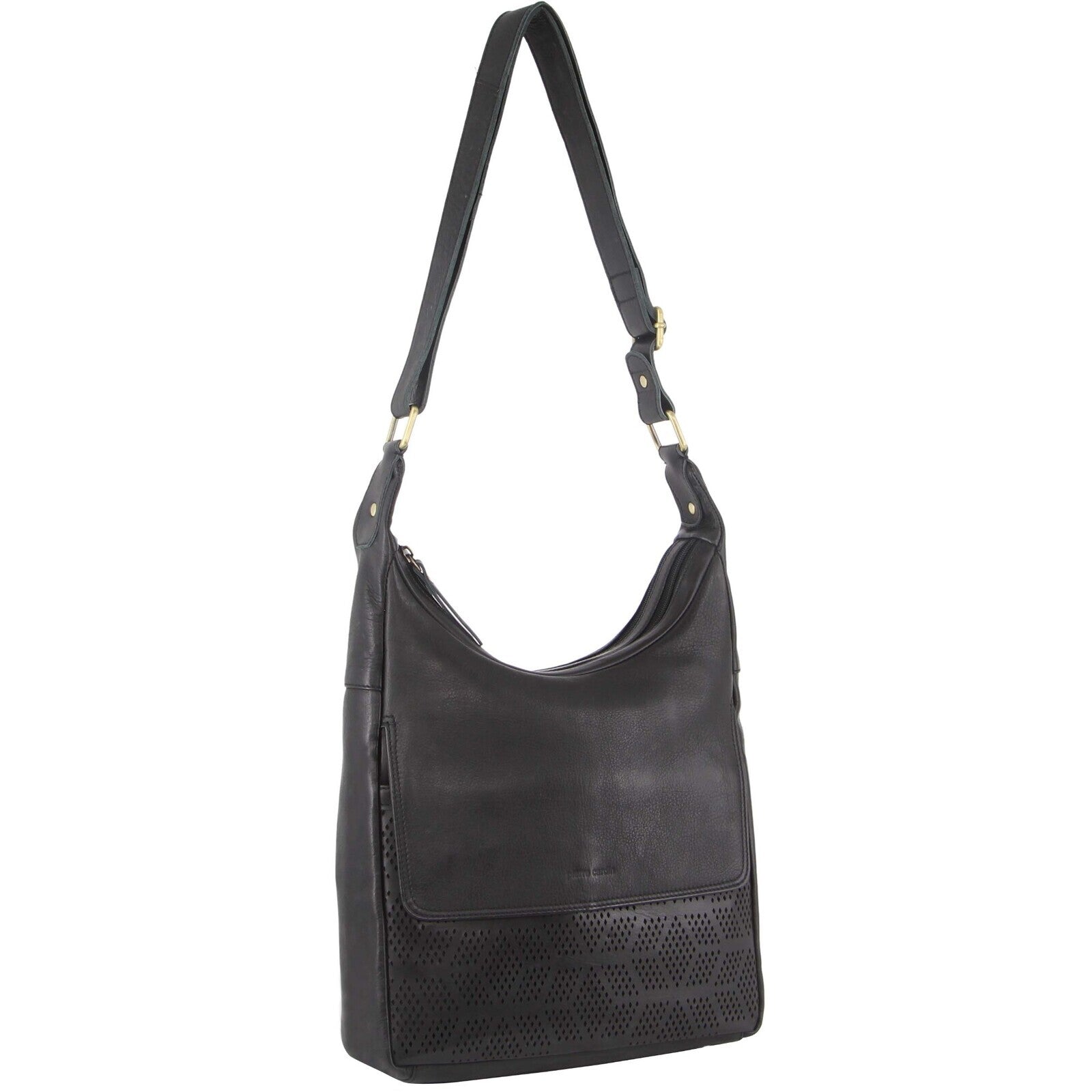 Pierre Cardin Womens Leather Perforated Multi Zip Crossbody Bag Handbag Black