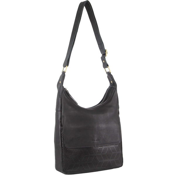 Pierre Cardin Womens Leather Perforated Multi Zip Crossbody Bag Handbag Black