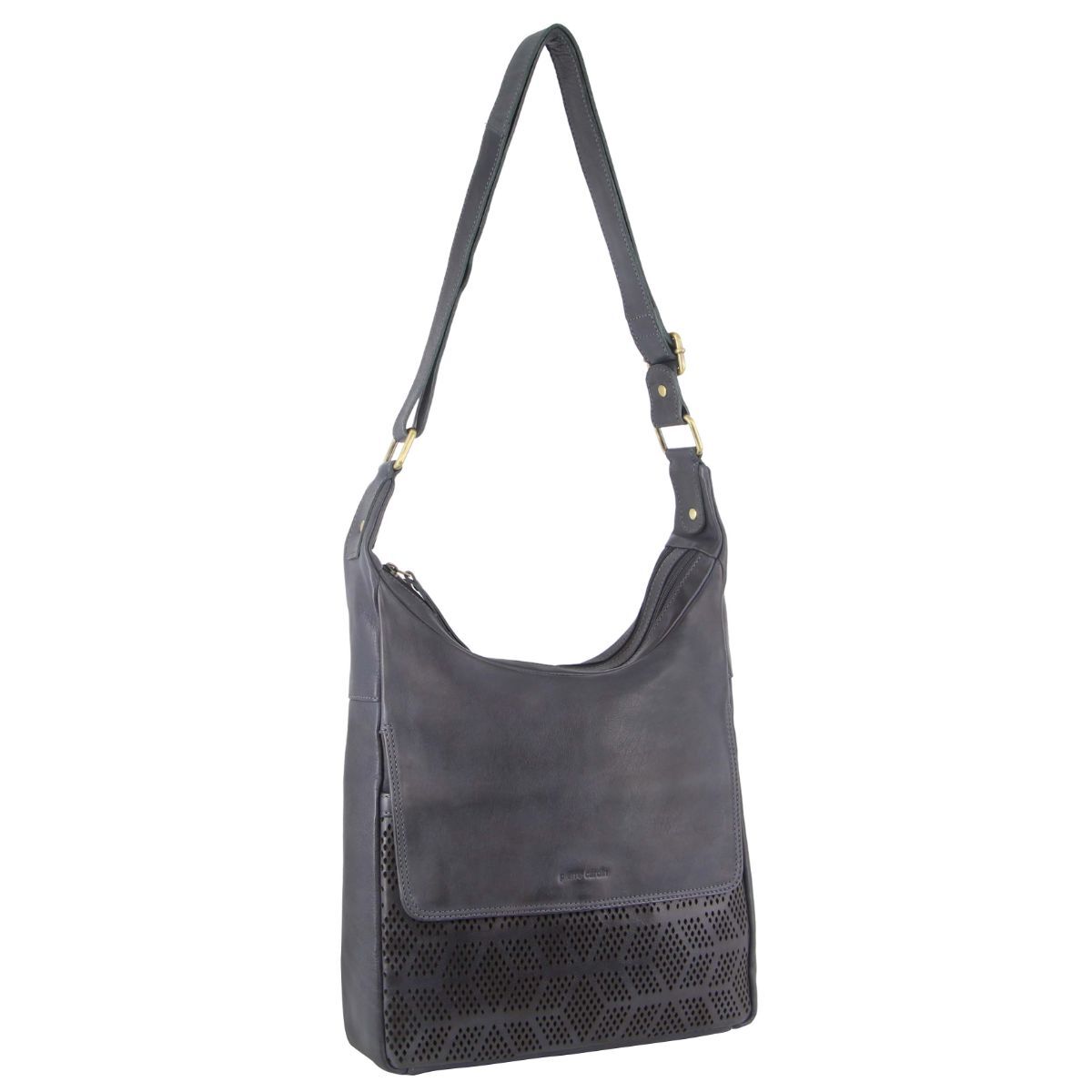 Pierre Cardin Womens Leather Perforated Multi Zip Crossbody Bag Handbag Teal