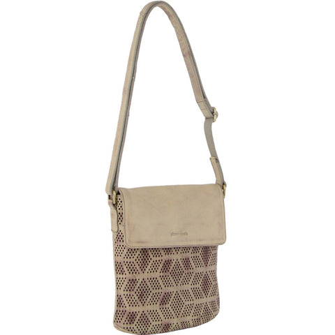 Pierre Cardin Womens Leather Perforated Crossbody Bag Flap Closure Latte