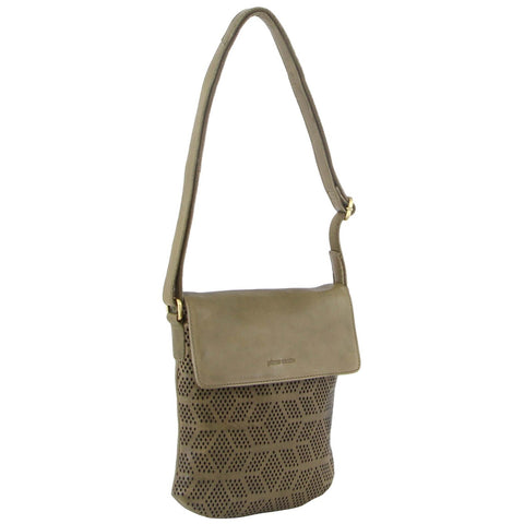 Pierre Cardin Womens Leather Perforated Crossbody Bag Flap Closure Olive