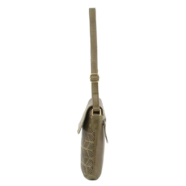 Pierre Cardin Womens Leather Perforated Crossbody Bag Flap Closure Olive