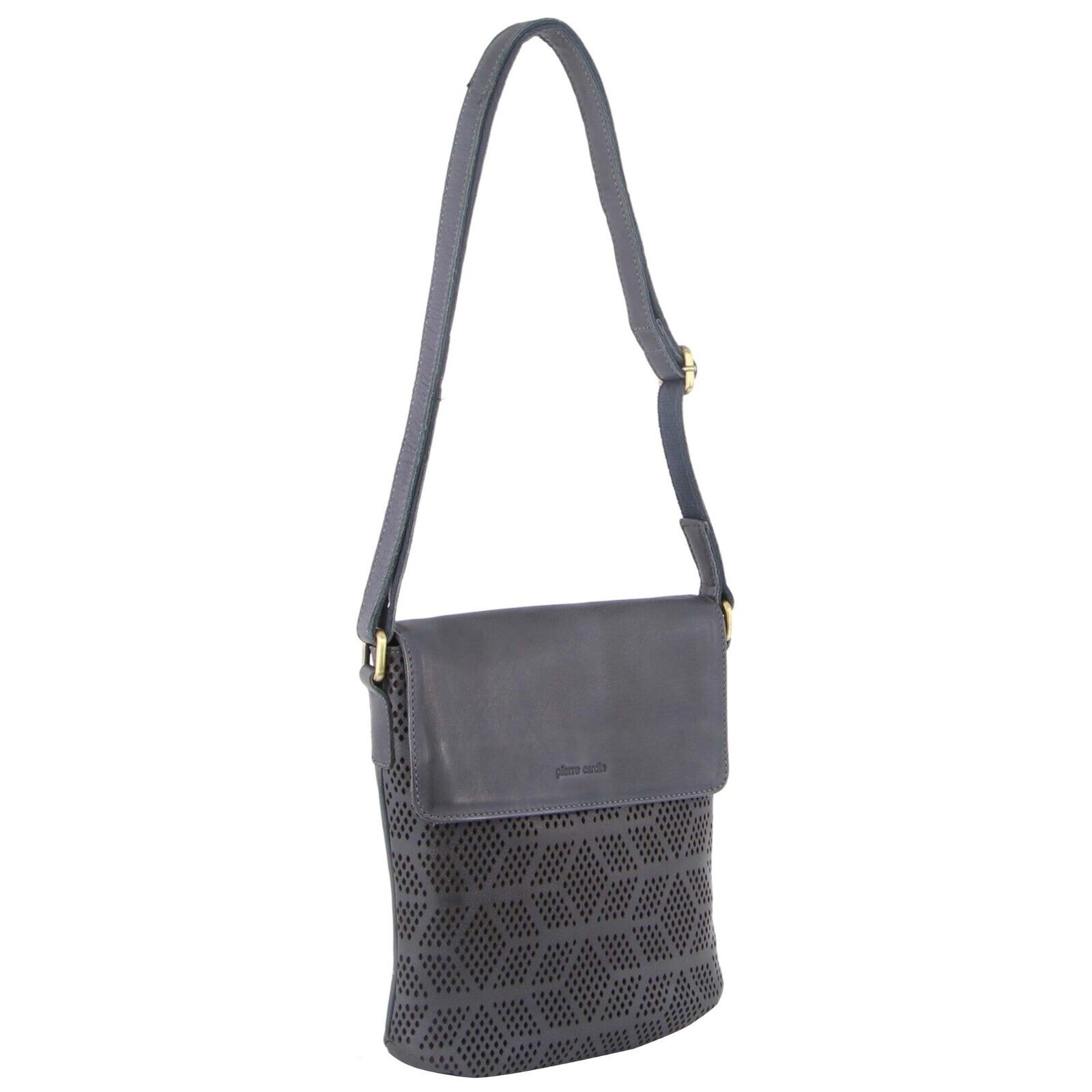 Pierre Cardin Womens Leather Perforated Crossbody Bag Flap Closure Teal