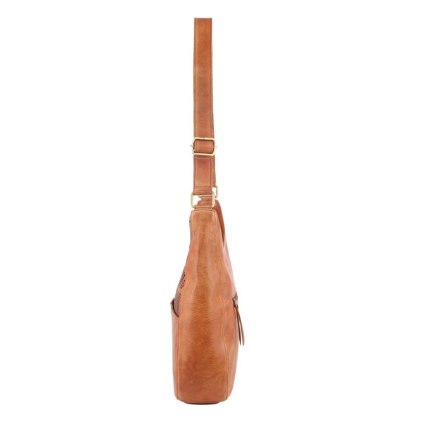 Pierre Cardin Womens Leather Perforated Crossbody Shoulder Bag Cognac