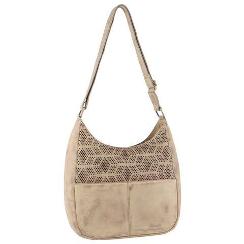 Pierre Cardin Womens Leather Perforated Crossbody Shoulder Bag Latte