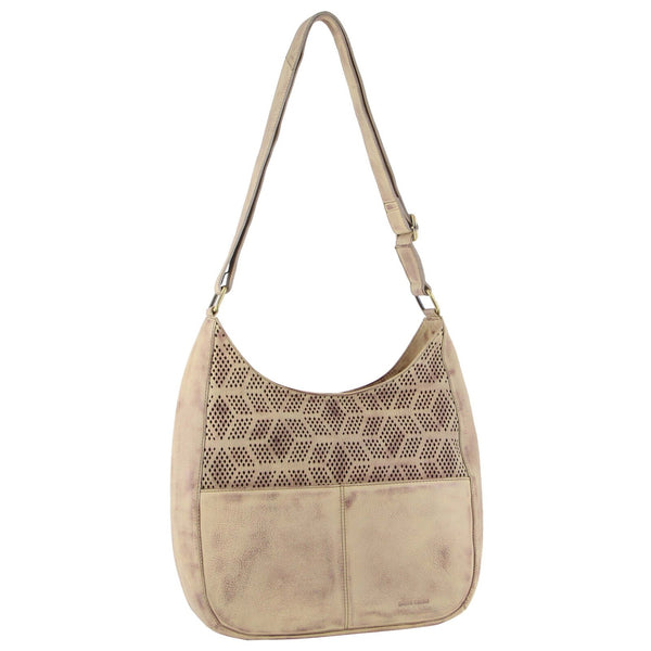 Pierre Cardin Womens Leather Perforated Crossbody Shoulder Bag Latte
