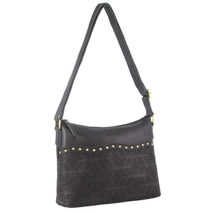 Pierre Cardin Womens Leather Perforated Rivets Crossbody Bag Handbag Black