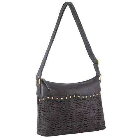 Pierre Cardin Womens Leather Perforated Rivets Crossbody Bag Handbag Black