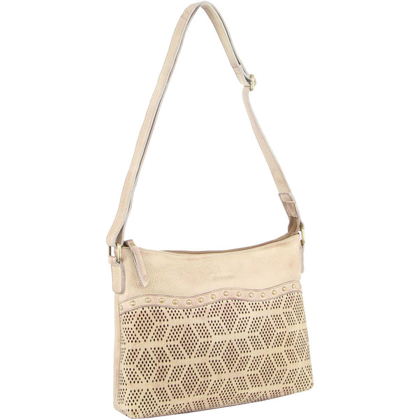 Pierre Cardin Womens Leather Perforated Rivets Crossbody Bag Handbag Latte