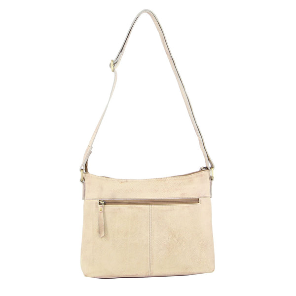 Pierre Cardin Womens Leather Perforated Rivets Crossbody Bag Handbag Latte