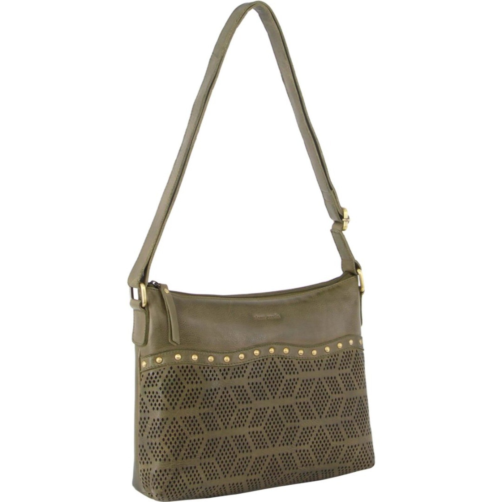 Pierre Cardin Womens Leather Perforated Rivets Crossbody Bag Handbag Olive