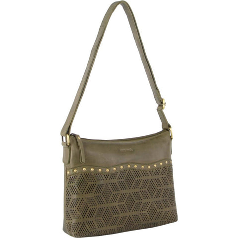 Pierre Cardin Womens Leather Perforated Rivets Crossbody Bag Handbag Olive