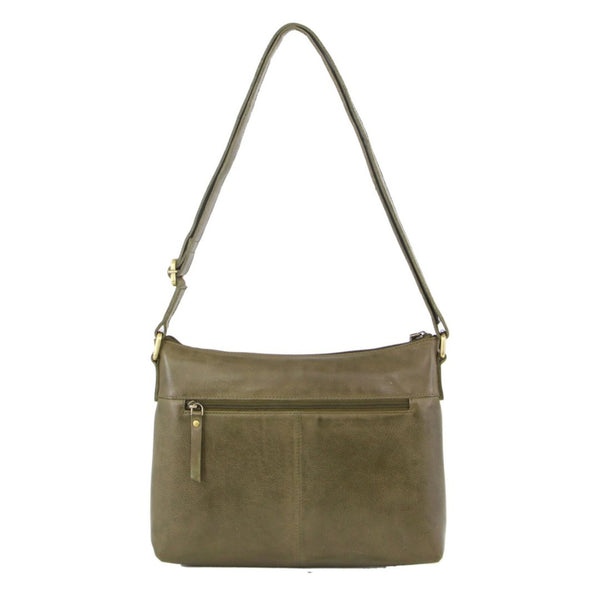 Pierre Cardin Womens Leather Perforated Rivets Crossbody Bag Handbag Olive