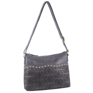 Pierre Cardin Womens Leather Perforated Rivets Crossbody Bag Handbag Teal