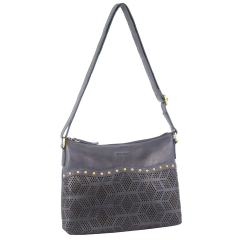Pierre Cardin Womens Leather Perforated Rivets Crossbody Bag Handbag Teal