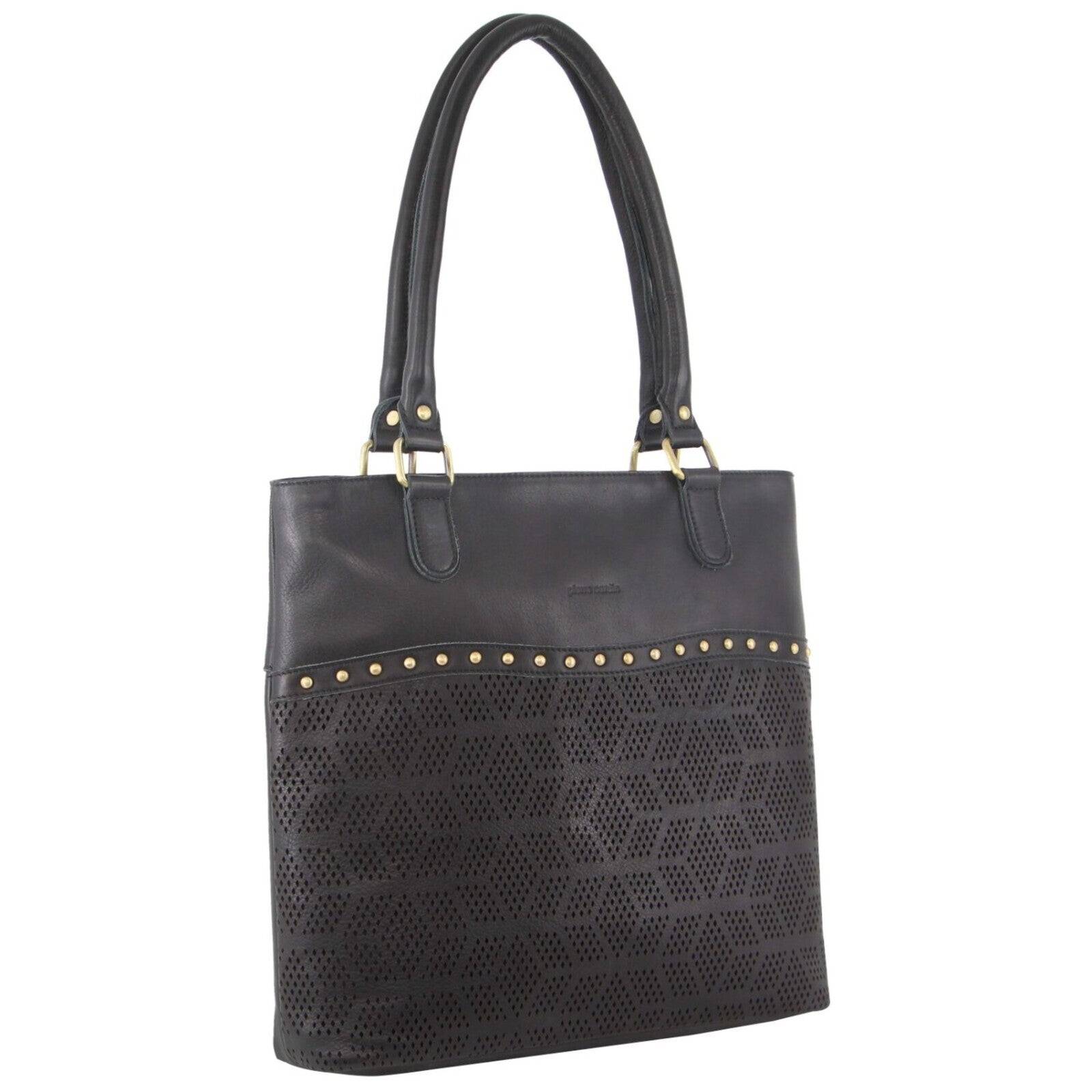 Pierre Cardin Womens Leather Perforated Shoulder Bag Handbag Studs Black