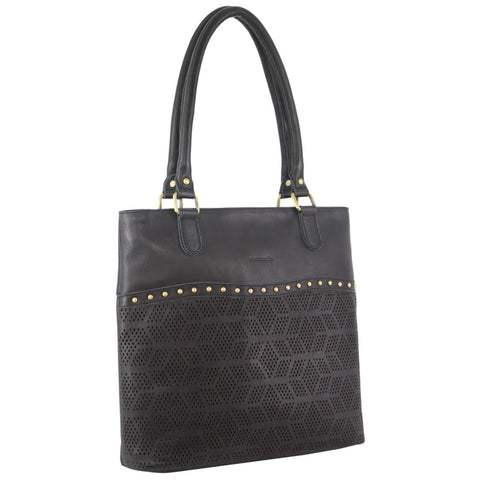 Pierre Cardin Womens Leather Perforated Shoulder Bag Handbag Studs Black