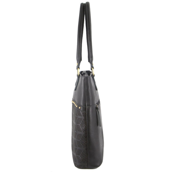 Pierre Cardin Womens Leather Perforated Shoulder Bag Handbag Studs Black