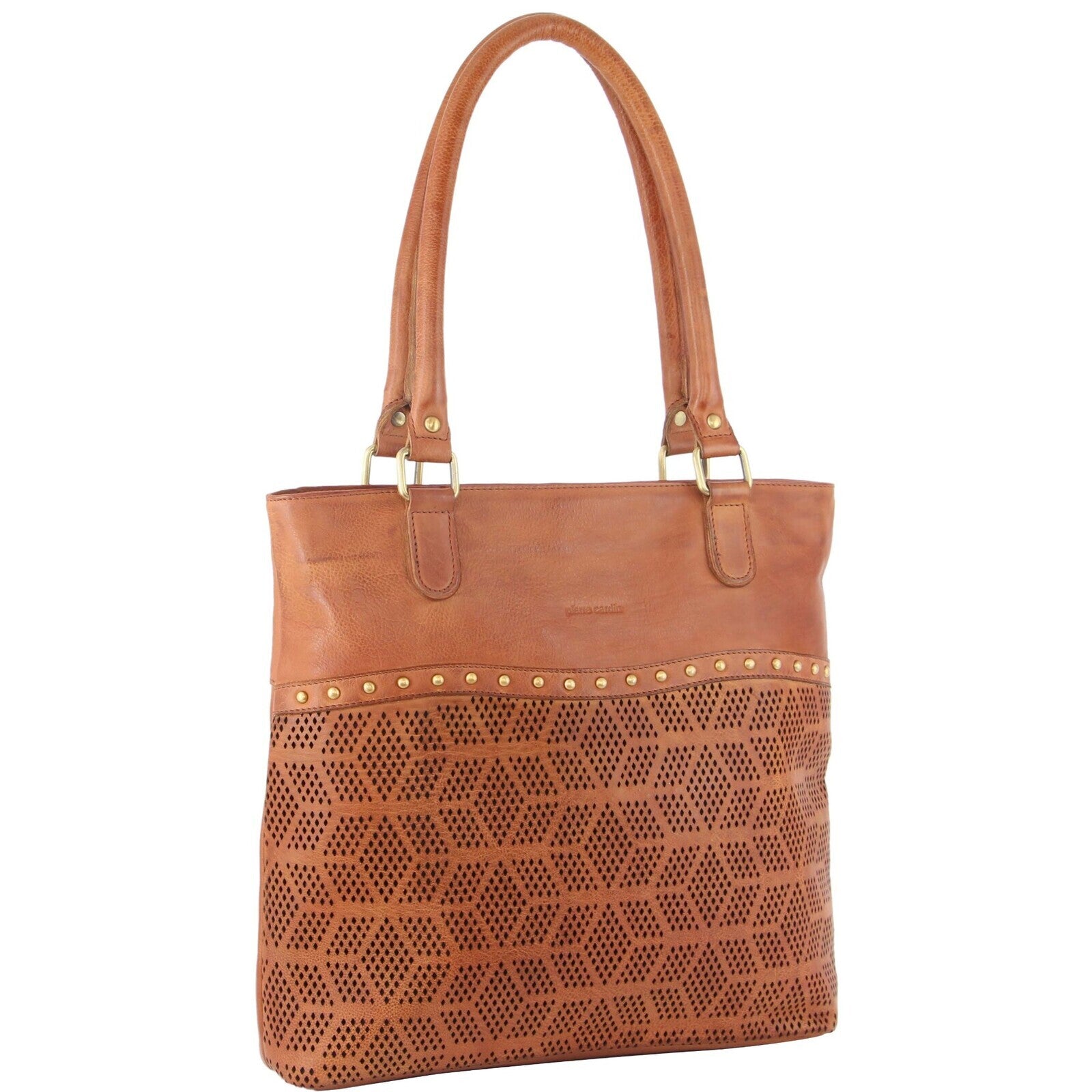 Pierre Cardin Womens Leather Perforated Shoulder Bag Handbag Studs Cognac
