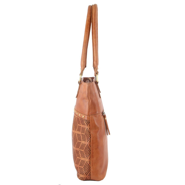 Pierre Cardin Womens Leather Perforated Shoulder Bag Handbag Studs Cognac