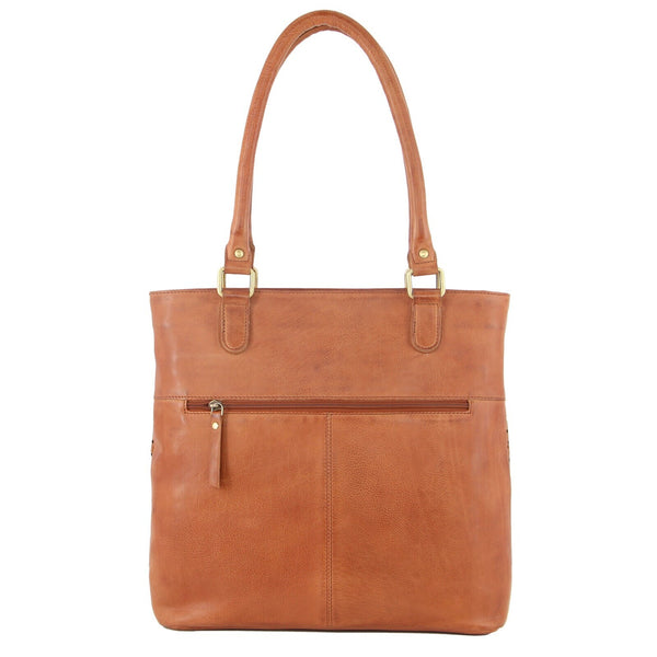 Pierre Cardin Womens Leather Perforated Shoulder Bag Handbag Studs Cognac