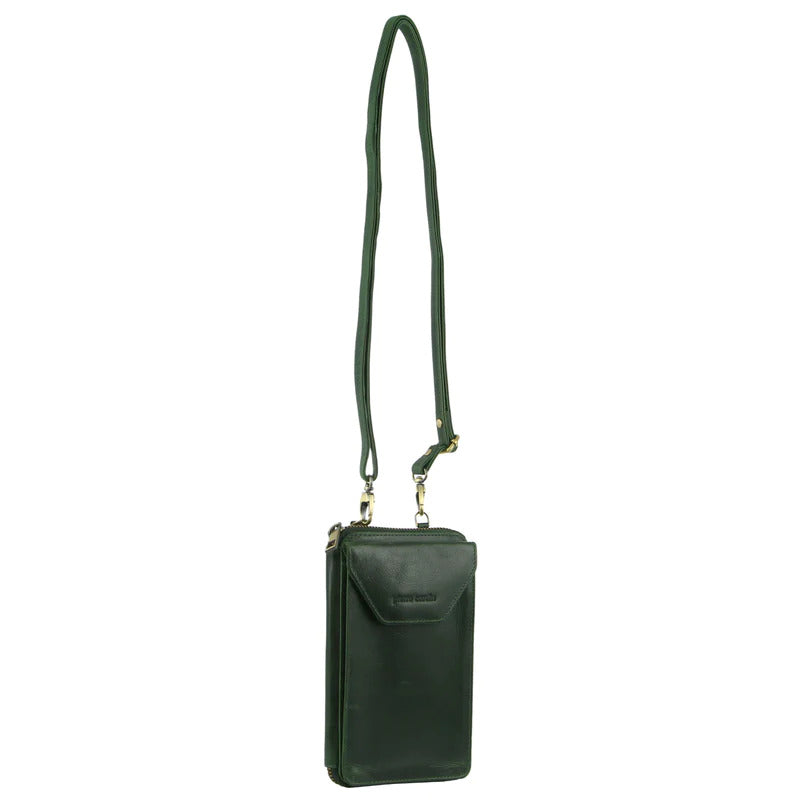 Pierre Cardin Ladies Leather Phone Crossbody Bag Handbag Travel RFID Emerald