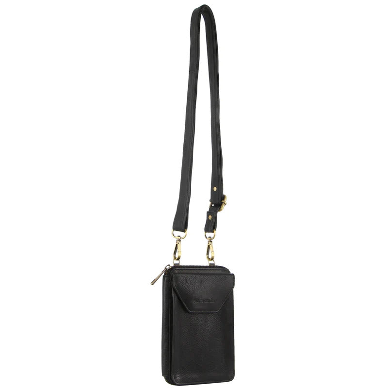 Pierre Cardin Ladies Leather Phone Crossbody Bag Handbag Travel RFID Black