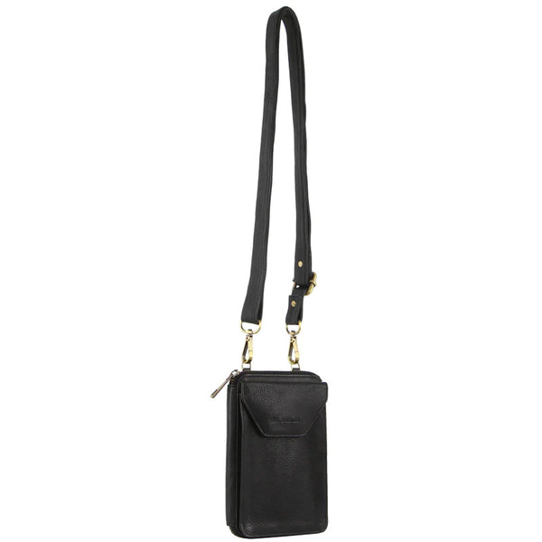 Pierre Cardin Ladies Leather Phone Crossbody Bag Handbag Travel RFID Black