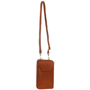 Pierre Cardin Ladies Leather Phone Crossbody Bag Handbag Travel RFID Cognac