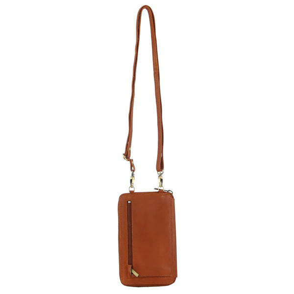 Pierre Cardin Ladies Leather Phone Crossbody Bag Handbag Travel RFID Cognac