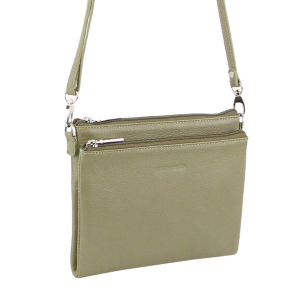 Pierre Cardin Ladies Leather Crossbody Shoulder Bag Handbag Travel Sage Green