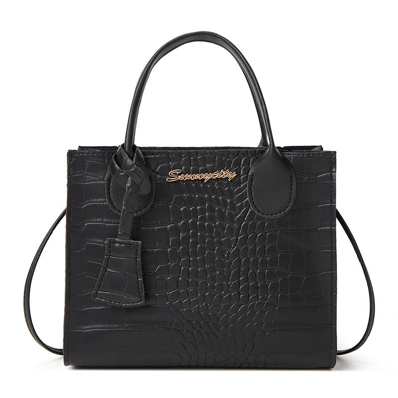 Faux PU Crocodile Embossed Leather Tote Shoulder Bag Handbag Black