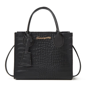 Faux PU Crocodile Embossed Leather Tote Shoulder Bag Handbag Black