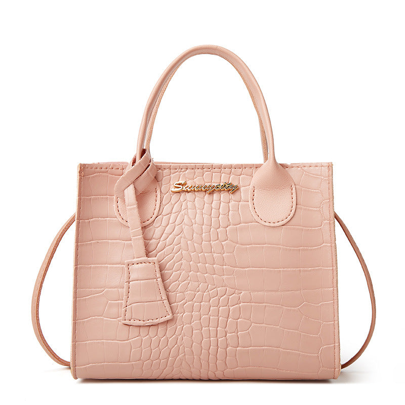 Faux PU Crocodile Embossed Leather Tote Shoulder Bag Handbag Pink
