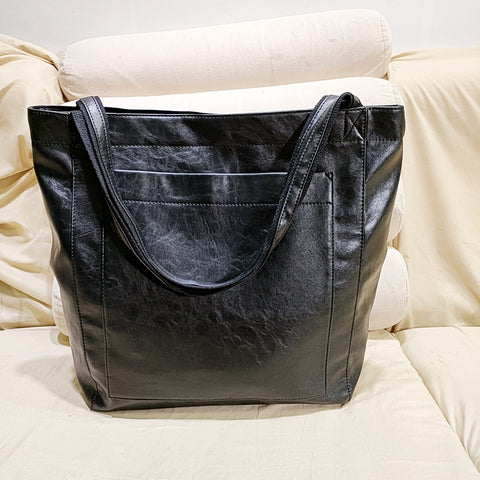 Faux PU Leather Tote Shoulder Bag Handbag Multi Pocket Black