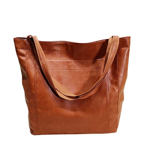 Faux PU Leather Tote Shoulder Bag Handbag Multi Pocket Brown