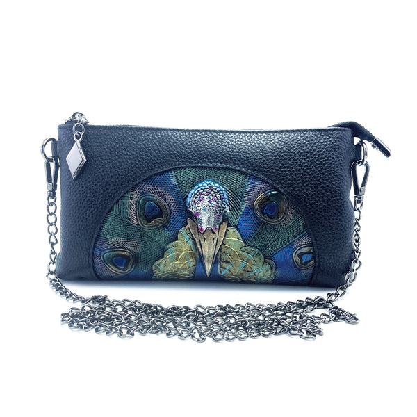 Womens Genuine Leather Embossed Peacock Wrist Clutch Bag Handbag Blue