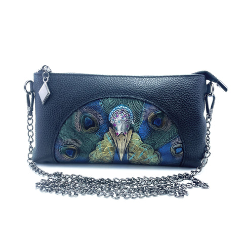 Womens Genuine Leather Embossed Peacock Wrist Clutch Bag Handbag Blue