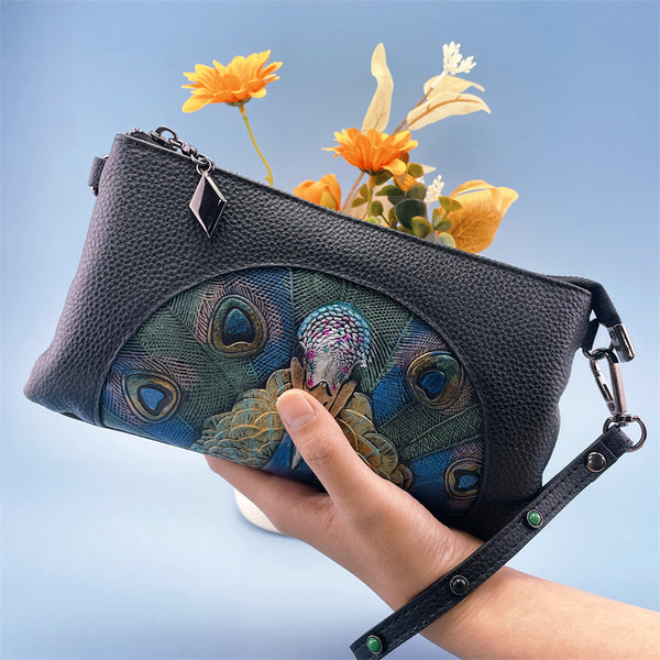 Womens Genuine Leather Embossed Peacock Wrist Clutch Bag Handbag Blue
