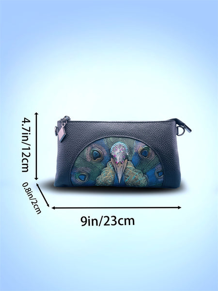 Womens Genuine Leather Embossed Peacock Wrist Clutch Bag Handbag Blue