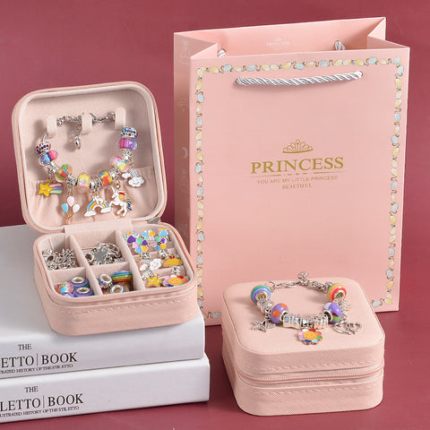 66 Pce DIY Charm Bracelet Making Kit Beads Flowers Stars Storage Box Rainbow