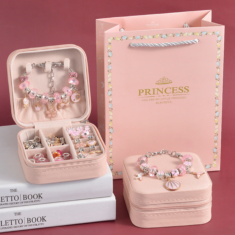 66 Pce DIY Charm Bracelet Making Kit Beads Flowers Stars Storage Box Pink