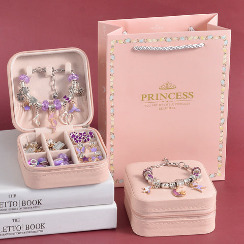66 Pce DIY Charm Bracelet Making Kit Beads Flowers Stars Storage Box Purple