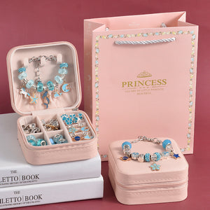 66 Pce DIY Charm Bracelet Making Kit Beads Flowers Stars Storage Box Blue