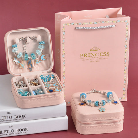 66 Pce DIY Charm Bracelet Making Kit Beads Flowers Stars Storage Box Blue
