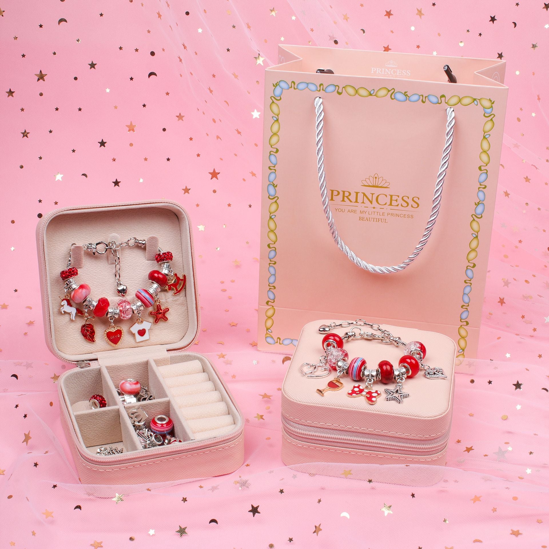 66 Pce DIY Charm Bracelet Making Kit Beads Flowers Stars Storage Box Red