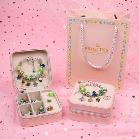 66 Pce DIY Charm Bracelet Making Kit Beads Flowers Stars Storage Box Green