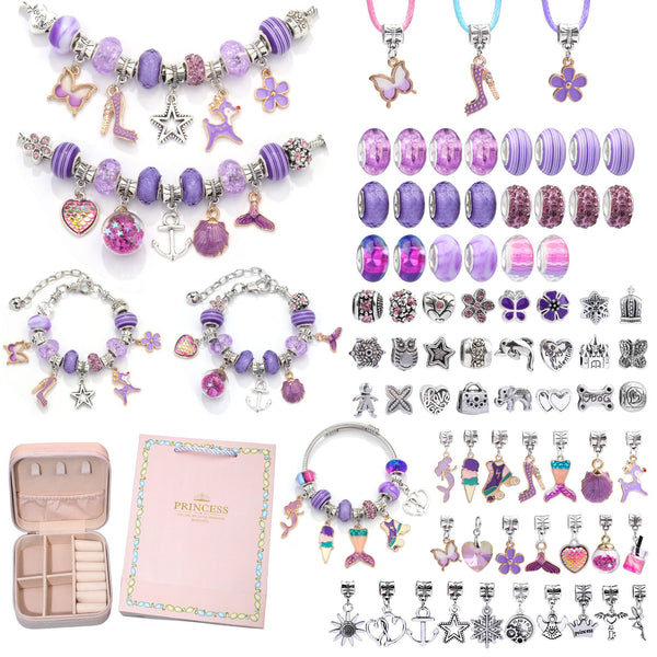 76 Pce DIY Charm Bracelet Making Kit Beads Flowers Stars Storage Box Purple