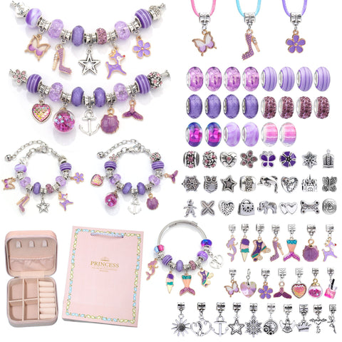 76 Pce DIY Charm Bracelet Making Kit Beads Flowers Stars Storage Box Purple