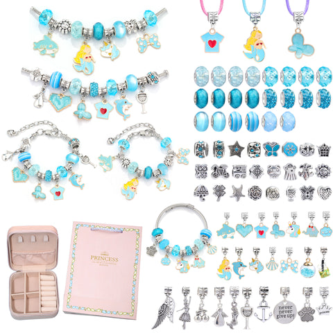 76 Pce DIY Charm Bracelet Making Kit Beads Flowers Stars Gift Box Blue